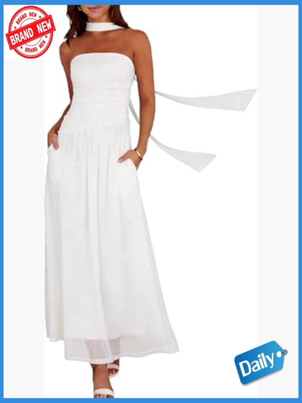 Strapless Ruched Maxi Dress with Scarf Pockets for Women